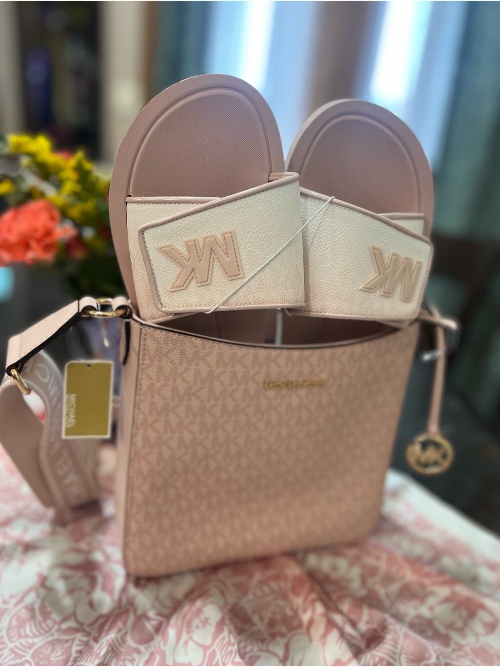 Michael Kors Pale Pink Logo Tote with Matching Slide Sandals
